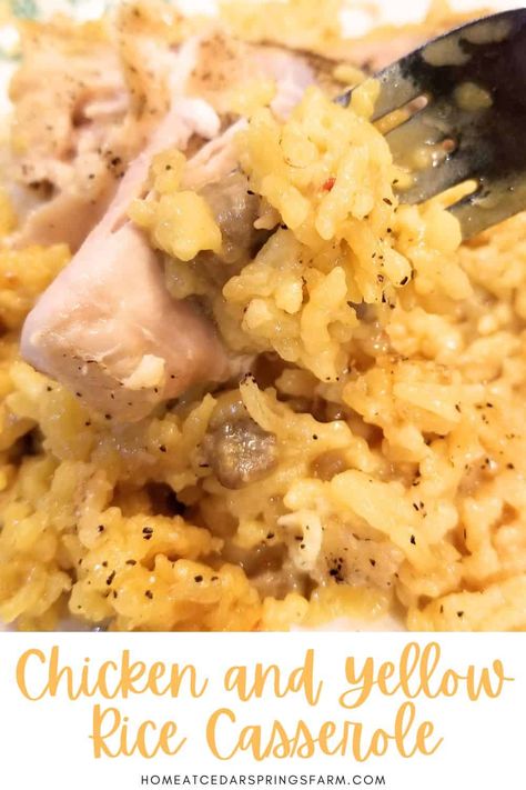 Chicken and Yellow Rice Casserole - Home at Cedar Springs Farm Pork And Yellow Rice Recipes, Chicken With Yellow Rice Recipes, Chicken And Yellow Rice Casserole Recipes, Chicken Yellow Rice Casserole, Chicken And Yellow Rice Stovetop, Chicken And Yellow Rice Oven, Baked Chicken And Yellow Rice Recipe, Chicken And Yellow Rice Casserole, Easy Chicken And Yellow Rice Recipe