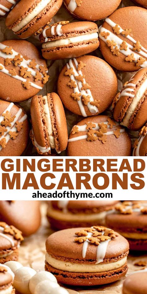 Holiday Macarons Christmas, Macaron Christmas Flavors, Ginger Bread Macarons, Macaroons Recipe Christmas, Macaron Flavors Ideas Christmas, Quick Easy Holiday Treats, Macaron Cookies Recipe, Gingerbread Macarons Recipe, Best Macaron Flavors