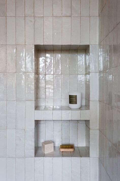 Chloe Tile Bathroom Wall, Tile Shower Cubbies, Luxury Small Master Bath, Second Bathroom Ideas Small Spaces, Bathroom Cool Ideas, Shiny White Bathroom Tile, Pearly Bathroom Tiles, Zellige Tile Tub Surround, Zellige Backsplash Bathroom