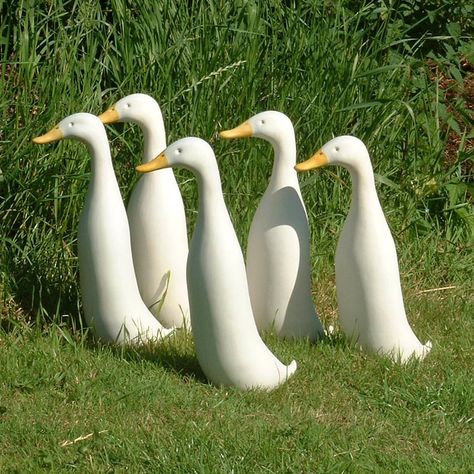 Life size ceramic Indian Runner Duck sculptures for the garden.  Awesome and no mess! Garden Wonderland, Diy Garden Landscaping, Runner Ducks, Eco Garden, Cement Art, Landscape Concept, Garden Animals, Concrete Projects, Concrete Garden