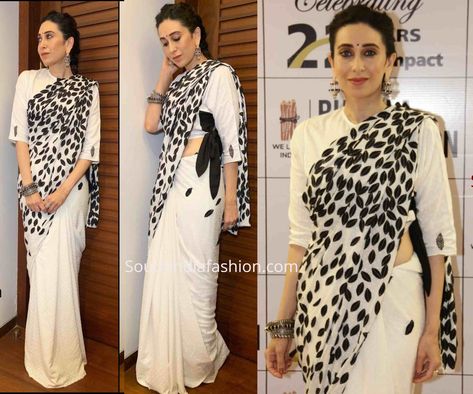 White And Black Saree, Stylish Saree Look, Black And White Saree, Half And Half Saree, Amrapali Jewels, Karishma Kapoor, Stylish Saree, Saree Wearing Styles, Cotton Saree Designs