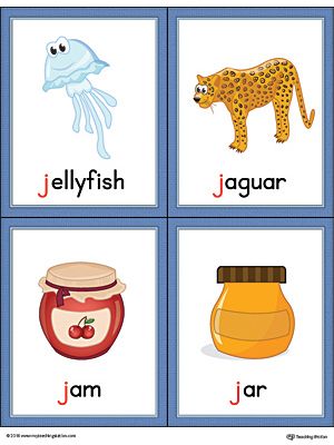 Letter J Words and Pictures Printable Cards: Jellyfish, Jaguar, Jam, Jar (Color) Worksheet.The Letter J Words and Pictures Printable Cards can be used for flashcards, various games, and help your student associate unfamiliar words with a picture. Colorful picture cards for the words: jellyfish, jaguar, jam, and jar. Letter J Flashcards, Alphabet Word Wall Cards, Abc Flashcards Printable, Sound Pictures, Alphabet Word Wall, 5 Letter Words, Color Worksheet, Words Worksheet, J Words