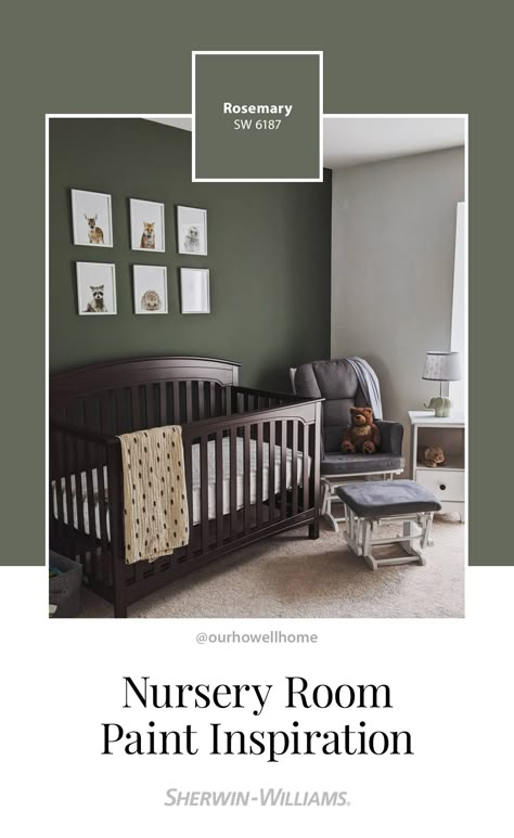 Rosemary SW 6187 from Sherwin-Williams adds big color in your little one's room. Paint accent walls in this deep, rich, green hue to add a calm, grounded vibe perfect for any nursery. Tap this pin to have a free color chip mailed to your house. Thanks for sharing your #SWColorLove, @howellhome (on Instagram). #sherwinwilliams #DIY #color #inspiration #colorinspiration #nursery #paint She Twin Williams Dark Green, Green Fireplace Wall Paint Colors, Green Accent Wall Colors Sherwin Williams, Sherrington Williams Green Paint, Nursery Green Accent Wall Paint Color, Green Nursery Dark Wood, Green Accent Wall Bedroom Sherwin Williams, Grey Room With Green Accent Wall, Nursery Accent Wall Color