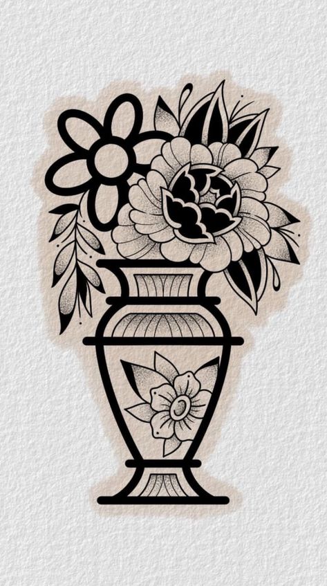 Vase Of Roses Tattoo, Traditional Writing Tattoo, Trad Vase Tattoo, Semi Traditional Tattoo, Vase Traditional Tattoo, Neo Traditional Tattoo Design Sketches, Flower Pot Tattoo, Trad Flower, Blackwork Tattoo Flash