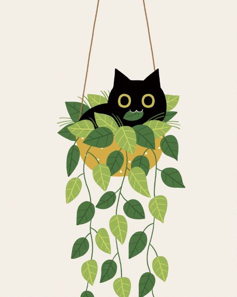 Cat Plants Illustration, Easy Cat Painting, Digital Art Cat, Cat And Plants, Planter Plants, Cute Plants, Cat Plants, Plant Art Print, Cat Art Print