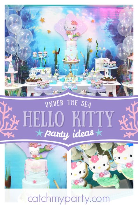 Dive into this gorgeous under the sea Hello Kitty birthday party! Love the mermaid cookies! See more party ideas and share yours at CatchMyParty.com  #catchmyparty #partyideas #undertheseaparty #hellokittyparty #girlbirthdayparty Merkitty Birthday Party, Kitty Mermaid Birthday Party, Hello Kitty Mermaid Party, Hello Kitty Pool Party, Mermaid Cat Birthday Party, Mercat Birthday Party, Kitty Mermaid Cake, Hello Kitty Mermaid, Hello Kitty Mermaid Cake