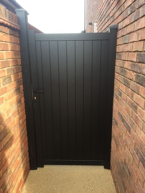 Side Gate & Pedestrian gate in Aluminium with solid infill,Vertical slats and a Flat top - Maintenance free - Choice of colours and dimensions · Barriers Direct Secure Garden Gate, Side Of House Gate, Solid Garden Gates, Garden Gate Colours, Black Side Gate, Side Gates Ideas Modern, Side Gate Ideas Backyards Entrance, Side Gates Metal, Modern Side Gate