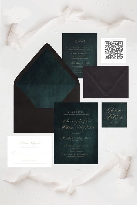 Thank you so much for choosing The Painted Papier for your wedding invitations! This emerald design with dark green elements from our Juliet collection is a perfect opening statement piece for your wedding. At The Painted Papier, our goal is to pair you with the perfect wedding design for your aesthetic and help you carry it through the whole of your wedding timeline. We can match you with coordinating items from your save the dates all the way to your wedding thank you cards. Black And Emerald Wedding Invitations, Black And Forest Green Wedding Invitations, Black Gold Dark Green Wedding, Dark Aesthetic Wedding Invitations, Emerald Green Wedding Invites, Dark Wedding Invites, Dark Green Wedding Ceremony, Black And Green Wedding Invitations, Moody Wedding Invites