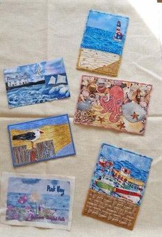 Artist Postcards, Quilt Postcards, Postcard Quilts, Quilted Postcards, Patchwork Cards, Art Quilting, Creeper Minecraft, Licence Plate, Scrap Fabric Crafts