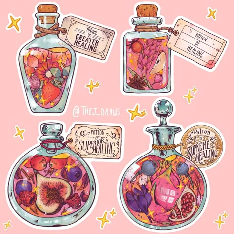 Dnd Item Cards, Potion Bottle Illustration, Potion Art, Cookbook Cover Design, Health Potion, Healing Potion, Magic Bottles, Summer Illustration, Cute Food Art