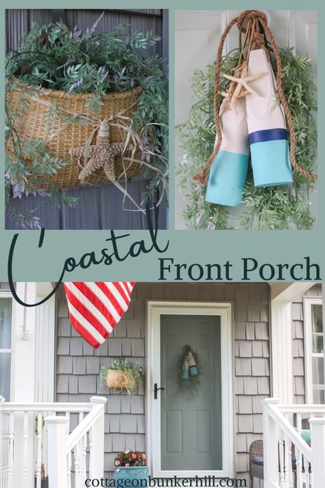 Small Coastal Front Porch Ideas, Beach Front Porch Ideas Entrance, Coastal Front Porch Decor, Florida Front Door Decor, Coastal Farmhouse Porch, Nautical Porch Ideas, Nautical Front Porch Ideas, Coastal Front Porch Rugs, Beach Front Porch Ideas