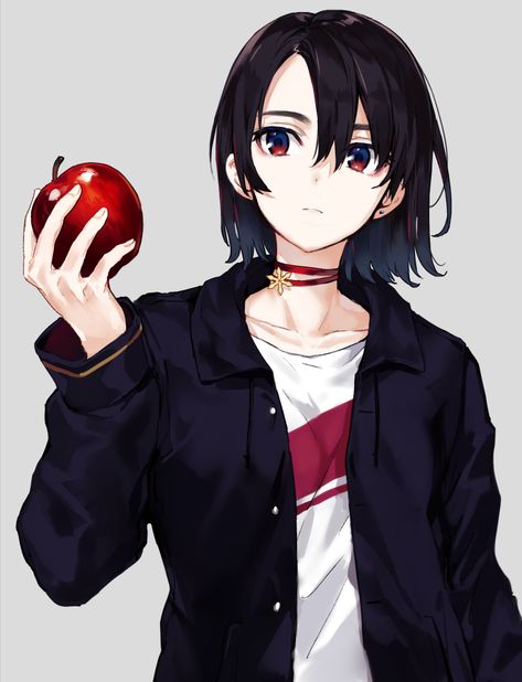 androgynous apple arisaka_ako arm_at_side asymmetrical_bangs bangs black_hair black_jacket choker closed_mouth collarbone commentary_request drawstring earrings fingernails food fruit grey_background hair_between_eyes hand_up holding holding_food holding_fruit jacket jewelry long_sleeves looking_at_viewer medium_hair open_clothes open_jacket original red_choker red_eyes shirt simple_background single_earring snowflakes solo stud_earrings t-shirt unbuttoned white_shirt Anime Side Bangs, Hand Holding Apple, Hestia Anime, Shirt Unbuttoned, Tomboy Anime, Anime Tomboy, Boy With White Hair, Background Hair, Holding Fruit