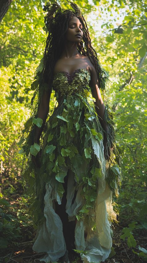 Enchanting Earth Guardian in a Taurus-inspired vine dress, embodies natural elegance amidst a sacred grove, showcasing the harmony of nature and fashion. Plant Dress Fashion, Mother Earth Cosplay, Nature Spirit Costume, Garden Of Eden Costume Ideas, Mother Nature Fashion, Mother Earth Outfit, Plant Inspired Outfits, Nature Goddess Costume, Earth Element Outfit