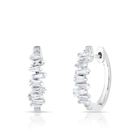 Baguette Earrings, Diamond Huggies, Zircon Earrings, Jewellery Sketches, Diamond Jewelry Designs, Earring Ideas, Diamond Earring, Silver Plated Jewelry, Ear Cuffs