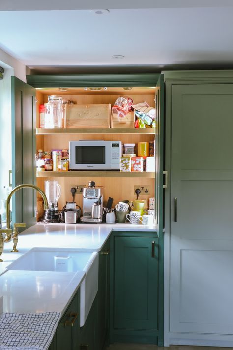 Kitchen Breakfast Station, Fridge In Corner, Pantry Behind Fridge, Breakfast Station Kitchen, Green Kitchen Wood Worktop, Kitchen With Freestanding Fridge Freezer, Breakfast Station Ideas, Sage Kitchen Wood Worktop, Green Kitchen Wooden Worktop