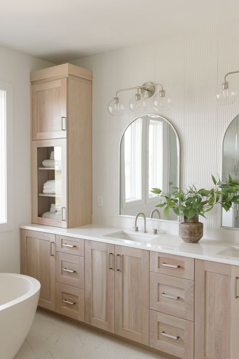 White Marble Bathroom Floor Wood Vanity, Primary Bathroom Transitional, Bathroom Light Wood Vanity, Bathroom White Oak Vanity, Bathroom Built In Vanity, Natural Wood Bathroom Cabinets, French Style Bathroom Ideas, Cream Bathroom Vanity, White And Wood Bathroom