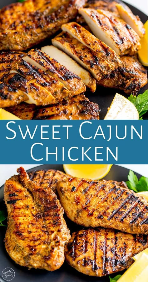 This Grilled Sweet Cajun Chicken is tender, juicy and packed with flavor. The perfect chicken recipe for grilling season! Delicious as a main meal for dinner, on sandwiches, in a salad or stirred through pasta, this recipe is ideal for the whole family. The marinade is so easy to put together - a mixture of the spice rub, brown sugar, and olive oil. This can then be left in the refrigerator for the day or popped in the freezer for a quick easy meal another day. Barbecue Ideas, Cajun Chicken Recipes, Cajun Dishes, Perfect Chicken, Cajun Chicken, Duck Recipes, Tater Tots, Spice Rub, Grilled Chicken Recipes