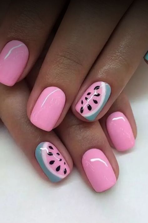 Get ready for summer vibes with these adorable pink short nails! This trendy and stylish nail design is perfect for the sunny days ahead. Whether you're hitting the beach or enjoying a picnic in the park, these nails will add a pop of color to your look. Try out this cute nail art idea for a fun and flirty touch to your summer outfits. Stay on-trend and show off your personality with these pink short nails that are sure to make a statement this season! Nail Ideas For Kids Summer, Kids Nails Cute Simple Short, Short Watermelon Nails, Short Nails For Summer, Picnic Nails, Pink Short Nails, Summer Time Nails, Best Nail Polish Brands, Nail Art Idea