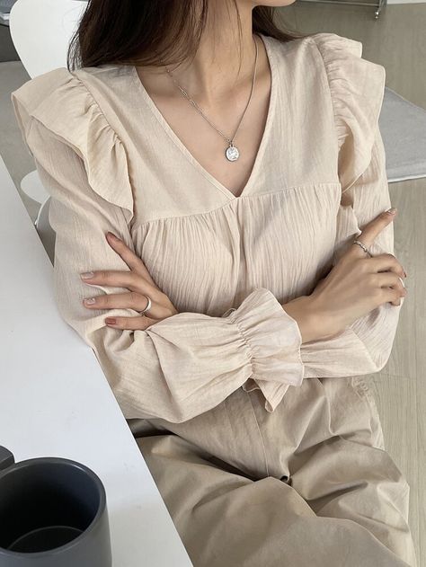 DAZY Ruffle Trim Flounce Sleeve Blouse | SHEIN USA Shomiz Blouses Fashion 2022, Shomiz Blouses Style, Shomiz Blouses Fashion, Shomiz Blouses, Trendy Cotton Tops, Shein Blouse, Ruffled Tops, Belted Shift Dress, Style Guru