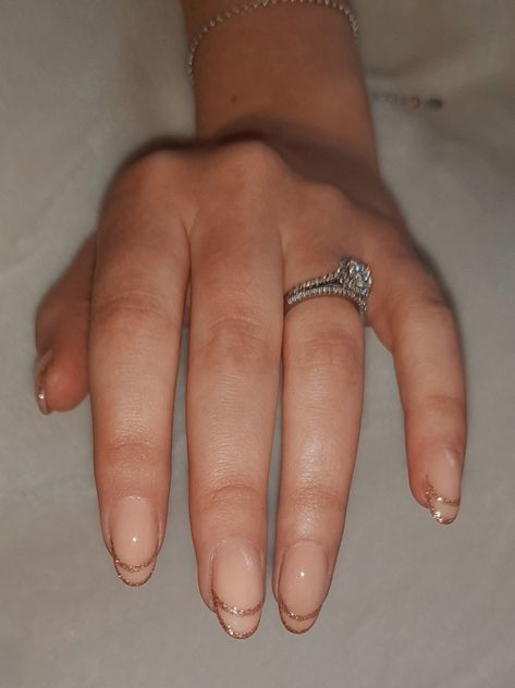 Double French Glitter Nails, Gliterry French Tip Acrylic Nails, Glitter Lined Nails, Gold Line French Tip, Glitter Lines Nails, Bridesmaid Nails Gold Accent, Gold Outline French Tip, Sparkly Brown French Tip Nails, Gold Lined French Tip Nails