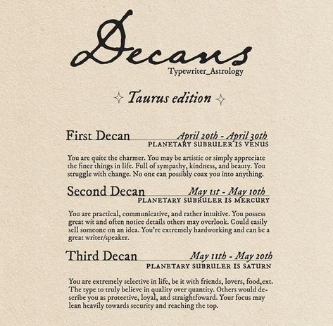 Leo Decans, Pisces Decans, Taurus Decans, Typewriter Astrology, Decans Astrology, Astrology Leo, Astrology Taurus, Astrology Aquarius, Astrology Pisces