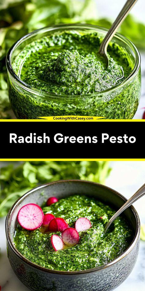 Transform peppery radish greens into a flavorful pesto packed with nutrients! Perfect for chicken, fish, pasta, or as a vibrant spread, this twist on classic pesto is easy, versatile, and freezer-friendly.  Ingredients: 4 cups packed radish greens, washed and dried ½ cup grated Parmesan cheese ½ cup sliced almonds or nuts of choice ⅓ cup extra-virgin olive oil  Bold, peppery, and creamy, this radish greens pesto is a sustainable and delicious way to use every part of the radish! Radish Greens Pesto, Radish Tops Recipes, Radish Greens Recipes, Zero Waste Cooking, Zucchini Cheese, Radish Greens, Sauce For Pasta, Fish Pasta, Green Pesto