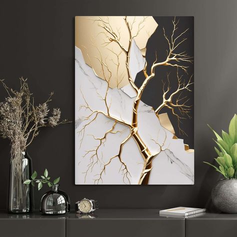 Abstract Tree Of Life, Tree Of Life Painting, Art Deco Paintings, Gold Art Painting, Diy Abstract Canvas Art, Gold Painting, Grand Art Mural, Soyut Sanat Tabloları, Landscape Art Painting