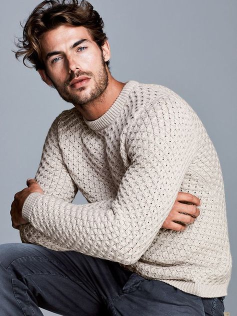 Jacey Elthalion, Knitting For Men, Black Cable Knit Sweater, Men Poses, Flannel Lined Jeans, Male Character Inspiration, Male Models Poses, Male Portraits, Men's Knitwear