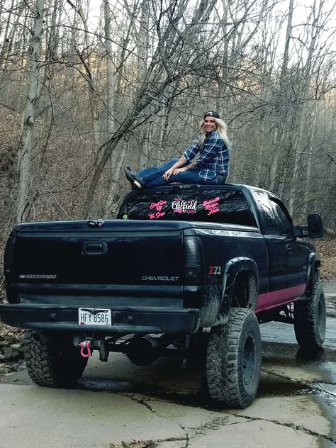 Truck Pictures Ideas, Pink Fuzzy Dice, Black Chevy Silverado, Truck Senior Pictures, Pink License Plate, Fuzzy Dice, Jacked Up Truck, Pink Window, Horse Jokes