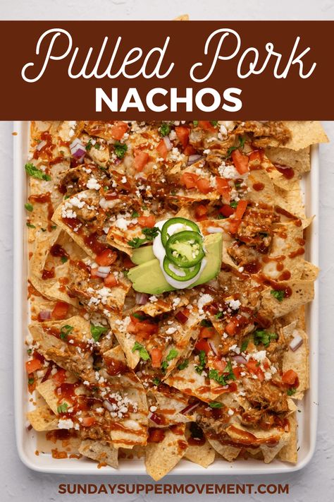 Pulled pork nachos is the best nachos recipe EVER! Our Oven Roasted Pulled Pork Nachos Recipe is full of flavor from slow cooker pulled pork, shredded cheese, veggies, and sour cream drizzle. #SundaySupper #nachosrecipe #nachorecipe #nachos #pulledporknachos #easyrecipes #dinners #gameday via @thesundaysupper Pork Roast Nachos, Pork Nachos Pulled, Shredded Pork Nachos, Pull Pork Nachos Recipe, Best Nachos Recipe, Pulled Pork Nachos Easy, Bbq Nachos Recipe Pulled Pork, Bbq Nachos Recipe, Bbq Pork Nachos