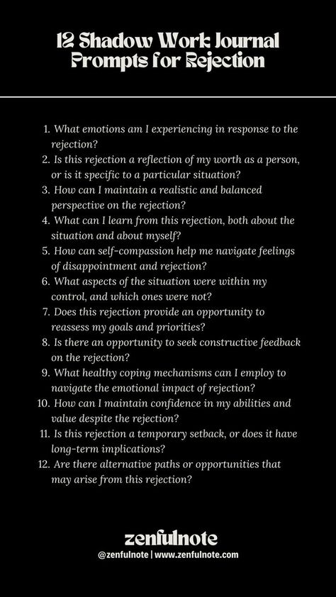 Dealing with rejection can be challenging, but it's an inevitable part of life. These questions are intended to guide self-reflection and promote a positive and growth-oriented mindset in the face of rejection. Remember that setbacks are a natural part of life, and how you respond to them can contribute to your personal and professional development. Dealing With Rejection, Letter To My Sister, Shadow Work Prompts, Mindfulness Journal Prompts, Shadow Work Journal, Journal Questions, Healing Journaling, Daily Journal Prompts, Work Journal