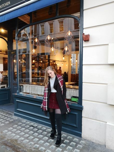 Red burgundy corduroy skirt thigh high socks and doc martens with tartan scarf in Covent Garden London Maroon Corduroy Skirt Outfit, Burgundy Corduroy Skirt Outfit, Red Corduroy Skirt Outfit, Socks And Doc Martens, Outfits With Thigh High Socks, Maroon Skirt Outfit, Thigh High Outfits, Wfh Wardrobe, Thigh High Socks Outfit