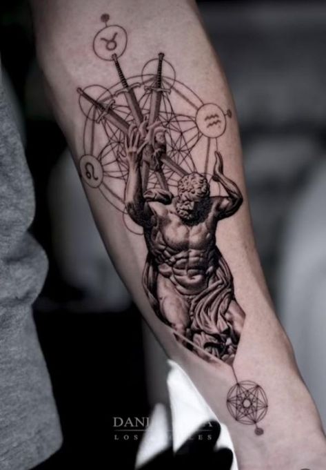 Atlas carrying a Metatron's cube Biology Tattoo, Apollo Tattoo, Beautiful Spine Tattoos, Ancient Art Tattoo, Atlas Tattoo, Daniel Silva, Modern Art Tattoos, Spine Tattoo Ideas, Zeus Tattoo