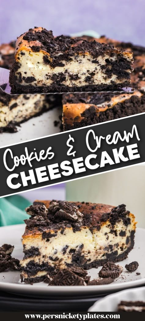 This cookies and cream cheesecake, otherwise known as an Oreo cheesecake is sweet and creamy with an easy homemade Oreo crust. It's made with cream cheese, sugar, eggs, and vanilla for the filling and the entire thing is flecked with crushed Oreo pieces and of course some extra on top! Homemade Oreo Cheesecake, Oreo Cheesecake Crust, Easy Oreo Cheesecake, Cheesy Tortellini Bake, Persnickety Plates, Oreo Crust Cheesecake, Cheesy Tortellini, Crushed Oreo, Oreo Cheesecake Recipes