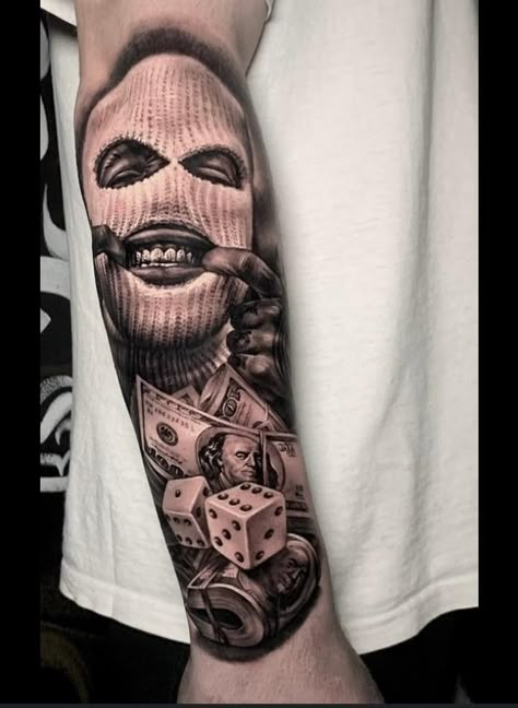 No Face No Case Tattoo, Robber Tattoo, Money Tattoo Ideas For Men, Gta Tattoo, Rapper Tattoos, Tattoos For Guys Forearm, Sleeve Tattoos For Guys Money, Gangster Tattoo Design, Men Tattoo