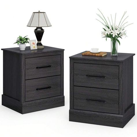 Gymax Set Of 2 Drawer Nightstand Bedside Table Compact Sofa End Table Oak Dark Grey | SHEIN USA Dark Bedside Tables, Nightstand With Storage, Sofa End Table, Compact Sofa, Farmhouse Nightstand, Side Tables For Bedroom, Compact Sofas, Nightstand Set Of 2, Wood Bedside Table