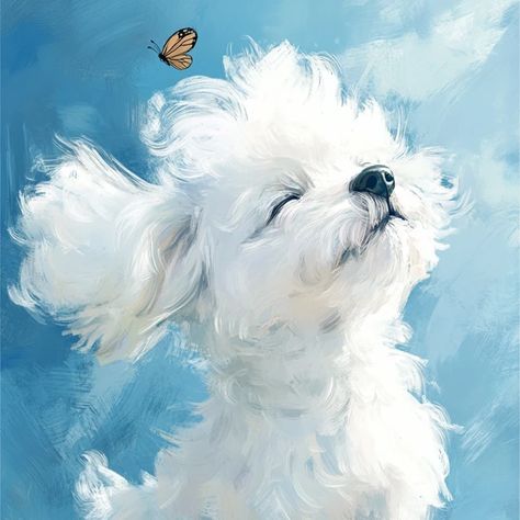 Dog Expressions, Canine Drawing, Delicate Butterfly, White Dog, Bichon Frise, White Dogs, Loose Style, Banjo, Whimsical Art