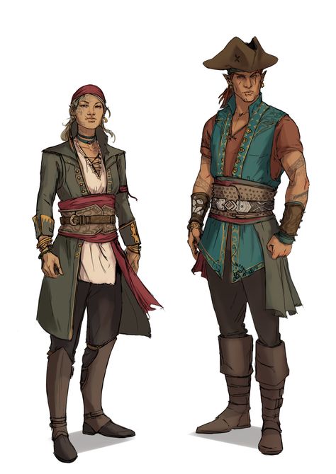 Artwork by Sabrina Salazar #characterart #pirate #elves Pirate Crew Fantasy Art, Pirate Bandana Aesthetic, Pirate Sketch Character Design, Pirate Art Reference, Pirate Illustration Concept Art, Dnd Pirate Crew, Fantasy Sailor Outfit, Pirate Crew Character Design, Pirate Design Character