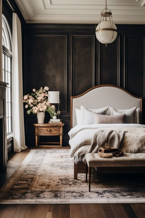 Black Back Wall Bedroom, Lighting Over Bed Ideas, Texture Bedroom Interior Design, King Bed Accent Wall, Romantic European Bedroom, Framed In Wallpaper, Moody Bedroom With Canopy Bed, Eclectic Moody Warm Bedroom, Bedroom Inspirations Black Accent Wall