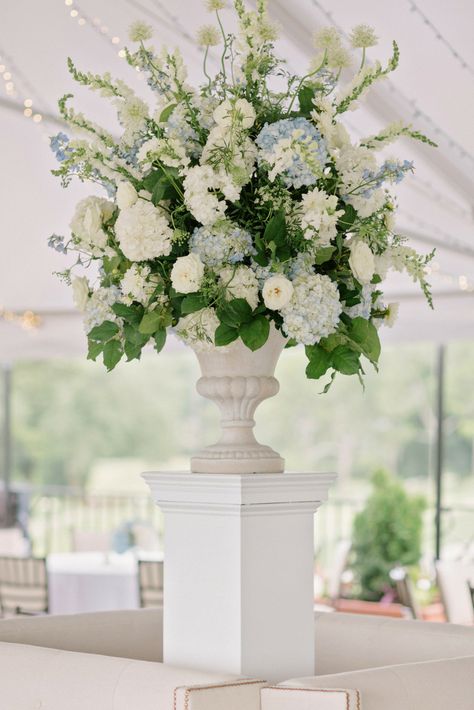 Large Wedding Floral Centerpieces, Pedestal Centerpiece Ideas, Large Urn Arrangement Wedding, Large White Floral Arrangements Wedding, Long Centerpieces Dining Room Farmhouse, Large Floral Centerpiece Wedding, Urn Floral Arrangements Wedding, Urn Centerpiece Wedding, Ceremony Flowers On Pedestals