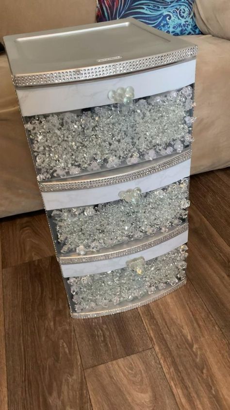 Blinged out Sterilite Cart [Video] | Diy crafts room decor, Plastic drawer makeover, Glam decor diy Plastic Cart Makeover, Plastic Storage Drawers Makeover, Diy Plastic Drawer Makeover, Plastic Storage Bin Makeover, Bling Bedroom Ideas, Diy Bling Home Decor, Plastic Drawer Makeover, Bling Bedroom, Dining Room Decorating Ideas