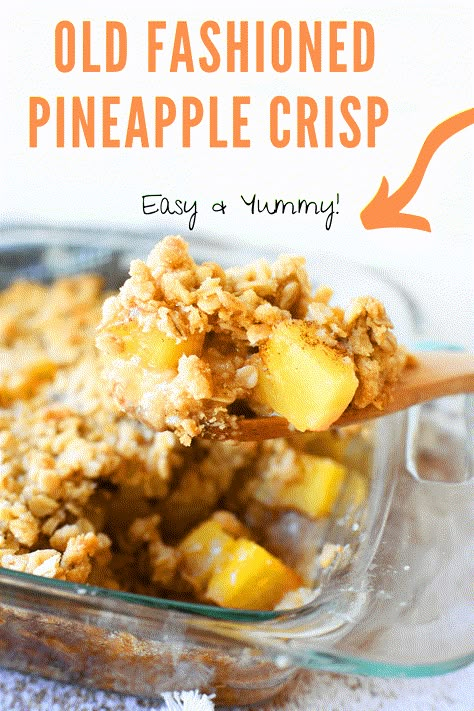 Classic Pineapple Crisp Recipe. This easy, classic pineapple crisp recipe is made with canned pineapple and easy to find pantry staples. It features a homemade sweet, buttery topping that envelopes spiced, juicy pineapple chunks. Served with vanilla ice cream, it is an old-fashioned treat that all ages will enjoy. #pineapplecrisp #pineappledessert #pineapple via @sizzlingeats Easy Canned Pineapple Recipes, Fruit Crisps Recipes, Pineapple Crisp Easy, Dessert With Canned Pineapple, What To Make With Canned Pineapple, Pineapple Chunk Recipes, Recipes With Pineapple Tidbits, Dessert With Pineapple Chunks, Pineapple Crumble Recipe