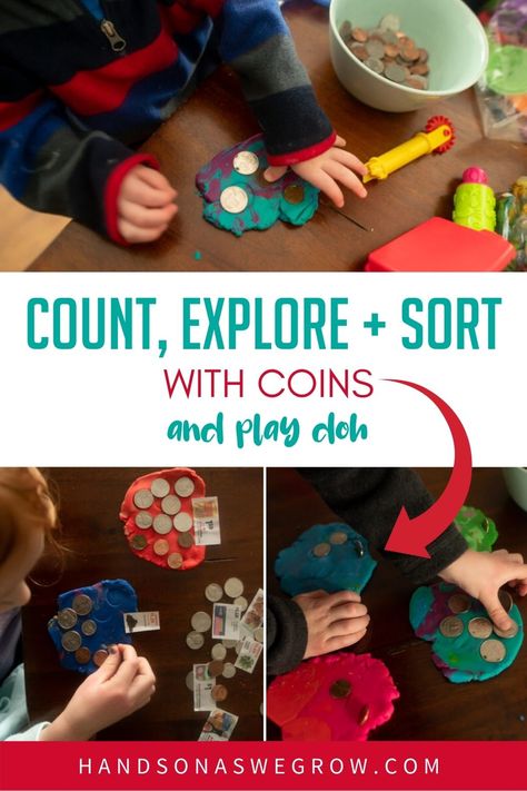 Count exact change with real money math games for big kids, sort and count coins with preschoolers and explore sensory money play for toddlers all at once with these fantastic and simple learning activities. Money Sensory Activities, School Crafts For Preschoolers, Money Activities For Kids, Money Math Games, Money Games For Kids, Money Kindergarten, Teaching Kids Letters, Math Activities For Toddlers, Money Help