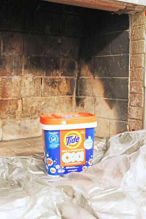 How To Clean Inside Fireplace Brick, Fireplace Box Makeover, Clean Fireplace Brick, Painting The Inside Of A Fireplace, Cleaning Fireplace Bricks, Painting A Fireplace White, Firebox Makeover, Painting Inside Of Fireplace, Fireplace Box Ideas