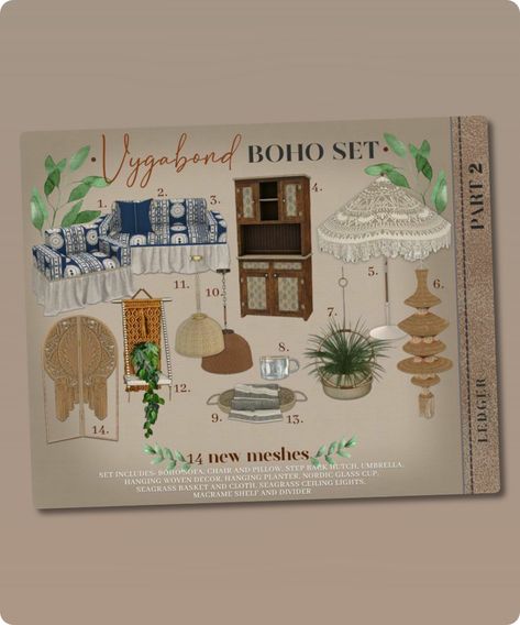 Sims 4 Furniture CC: Vygabond Boho SET Part 2 Boho Ceiling, Sims 4 Furniture, Macrame Room Divider, Living Chair, Macrame Room, Furniture Cc, Boho Sofa, Macrame Shelf, Sims 4 Cc Download