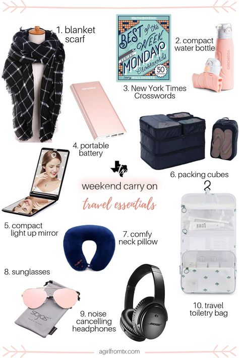 Must Have Weekend Travel Carry On Essentials // A Girl From TX Carry On Must Haves, Makeup Necessities, Puerto Peñasco, Must Have Travel Accessories, Carry On Essentials, Travel Bag Essentials, Carry On Packing, Pink Travel, Packing Guide