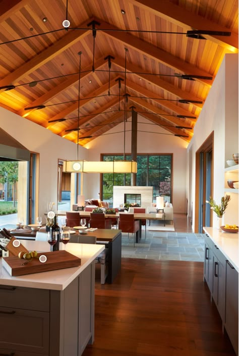 Vaulted Wood Ceiling Lighting, Wood Ceiling Lighting Ideas, Interior House Lighting, Kitchen With Timber Ceiling, Lighting Wood Ceiling, Modern Wood Vaulted Ceiling, Rafter Ceiling, Volted Ceiling Kitchen Ideas, Vaulted Ceiling Addition