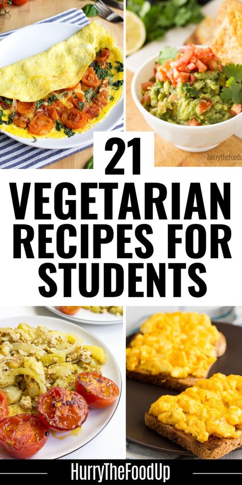 Vegetarian recipes for students are great whether you’re a new college or university student, or just looking for nutritious, quick and filling food on a budget. HurrytheFoodUp brings you a collection of student-inspired recipes that are the perfect place to start when trying to keep food on the cheap. there’s no reason to miss out on any essential nutrients or vitamins. Your brain will thank you for it! #vegetarian #budgetfriendly #cheap #quick #easy #recipes Vegetarian Recipes Non Dairy, Vegetarian Recipes Cheap Easy, Vegetarian College Recipes, Quick Vegetarian Dinner Recipes, Quick And Easy Dinner Recipes Healthy Vegetarian, Vegetarian Recipes Breakfast Easy, Easy Cheap Vegetarian Recipes, Quick Recipes Vegetarian, Quick Healthy Meals Vegetarian