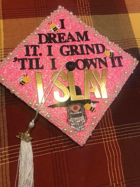 For my LVN graduation cap, I really wanted to do Beyonce lyrics, because at the time her song "Formation" was my fav. And she's a very successful woman that represents positivity in my opinion. Majority of the stuff that's on the hat I got at hobby lobby, except the cartoon drawing of Beyonce that I got from google images and printed at Office Depot and glued on the hat. I was complimented on this hat numerous times by colleagues and relatives, its very flashy and fitting for the occasion. Graduation Cap Lyrics, Song Lyric Grad Caps, Graduation Cap Song Lyrics, Beyonce Graduation Cap, Graduation Cap Designs Song Lyrics, Lvn Graduation, High School Graduation Cap Designs, Graduation Cap Decoration Diy, High School Graduation Cap