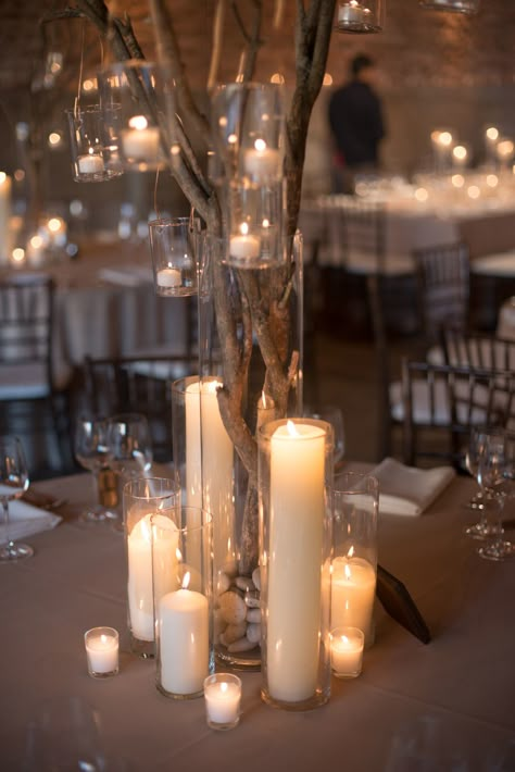 Love the candles and the stark feel of it Branch Centerpieces, Wedding Motifs, Unique Wedding Flowers, Wedding Floral Centerpieces, Unique Centerpieces, Rustic Wedding Centerpieces, Flower Centerpieces Wedding, Wedding Table Centerpieces, Glass Vases